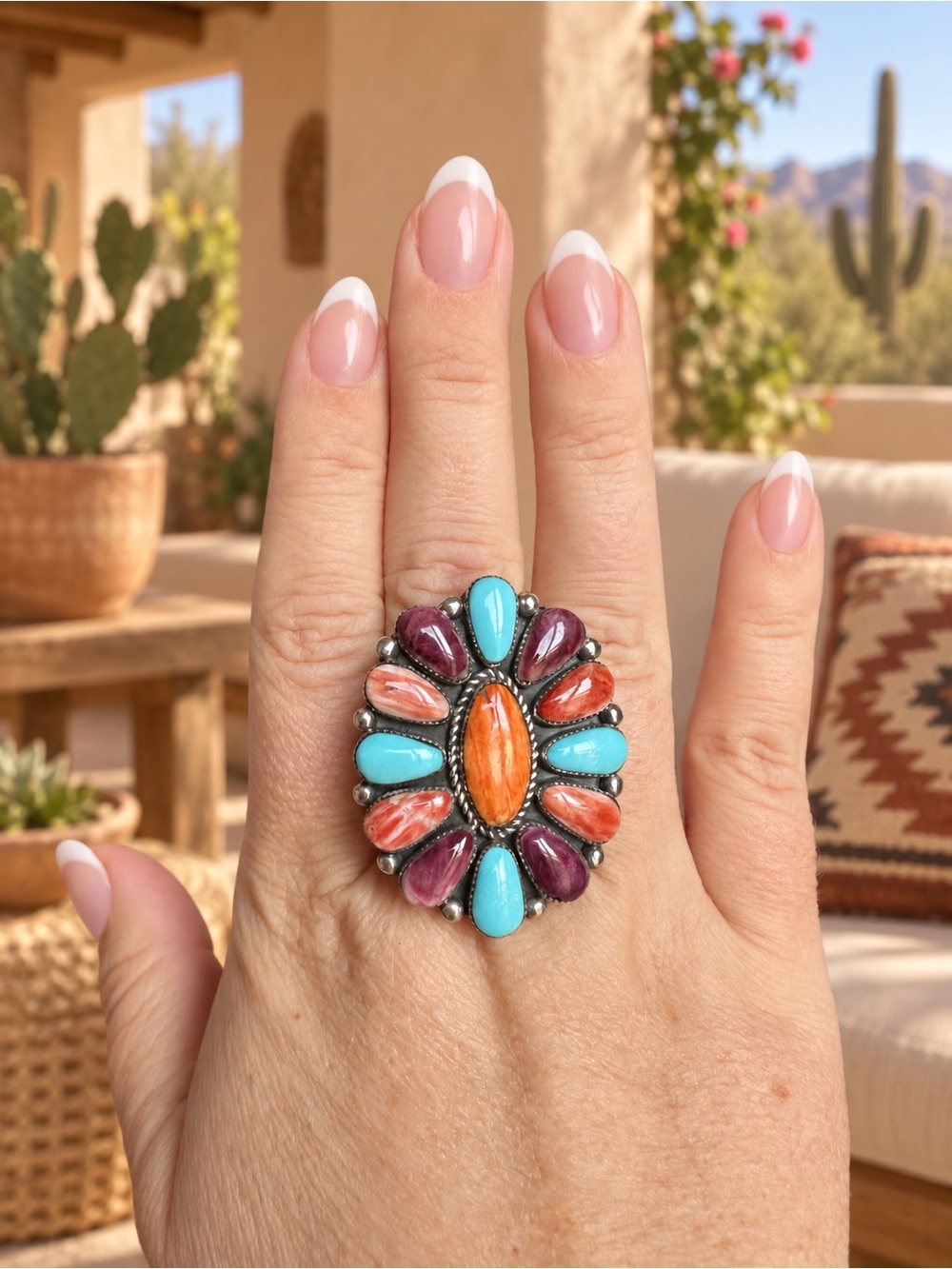 Multi stone Sterling Silver Adjustable Ring 🧡💜🩵